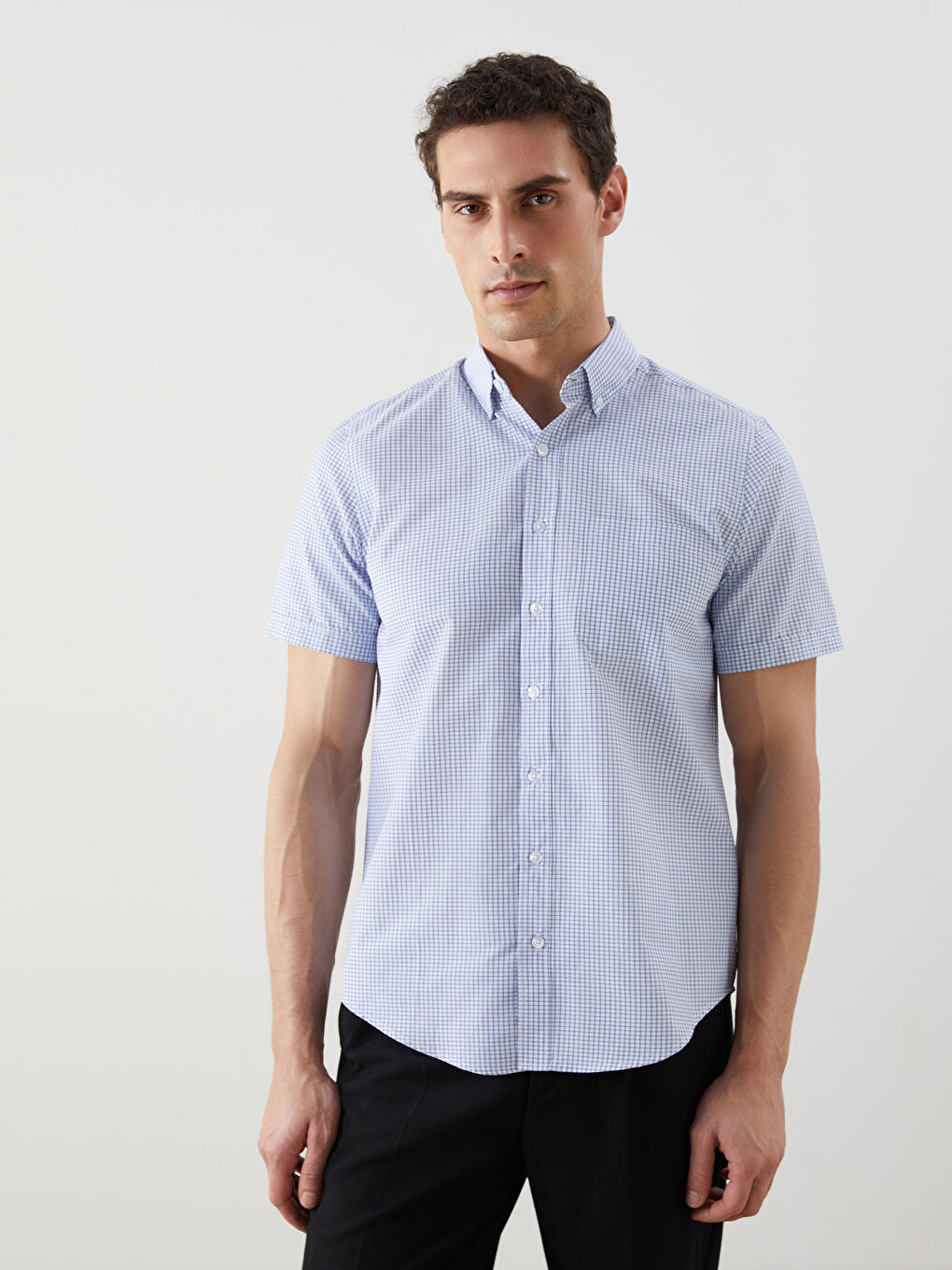 Regular Fit Short Sleeve Plaid Poplin Men's Shirt -S5ER06Z8-LLC