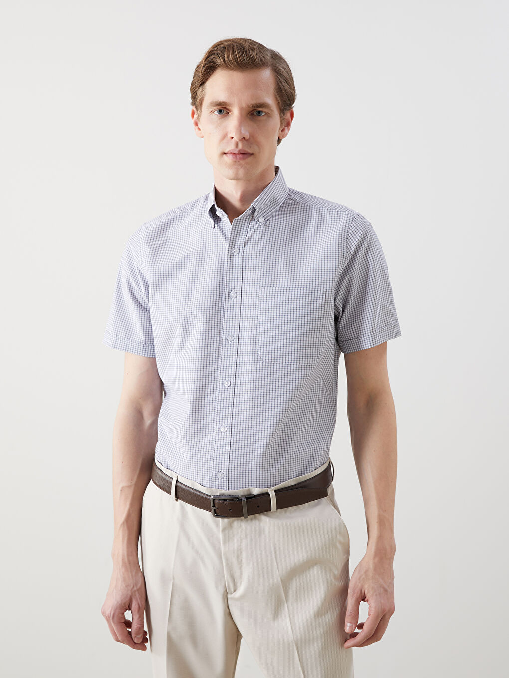 Regular Fit Short Sleeve Plaid Poplin Men's Shirt -S5ER06Z8-LMK