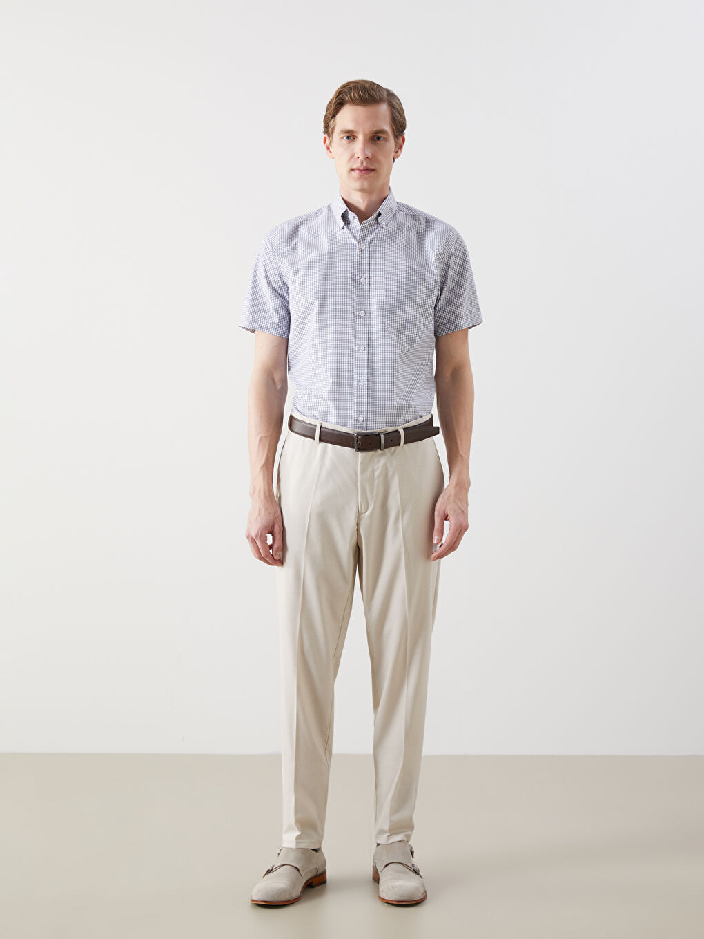 Regular Fit Short Sleeve Plaid Poplin Men's Shirt -S5ER06Z8-LMK