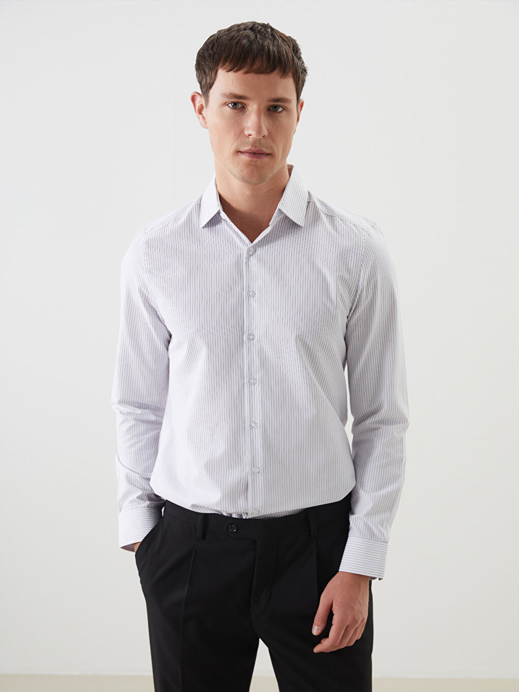 Slim Fit Long Sleeve Striped Poplin Men's Shirt -S5ER11Z8-LJX