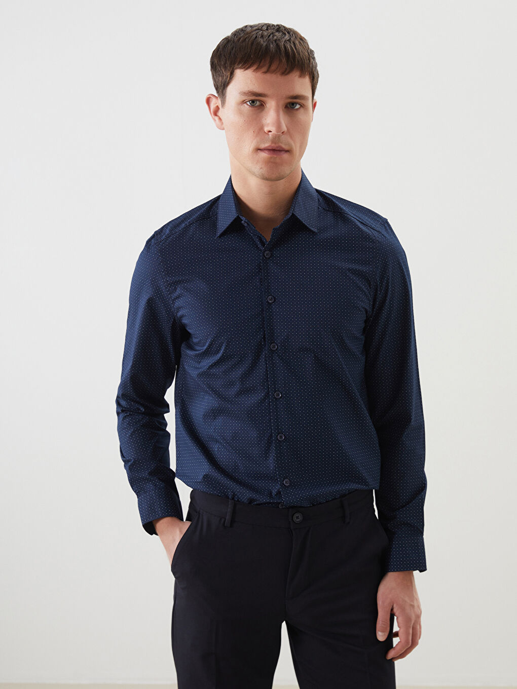 Slim Fit Long Sleeve Patterned Poplin Men's Shirt -S5ER12Z8-LSJ