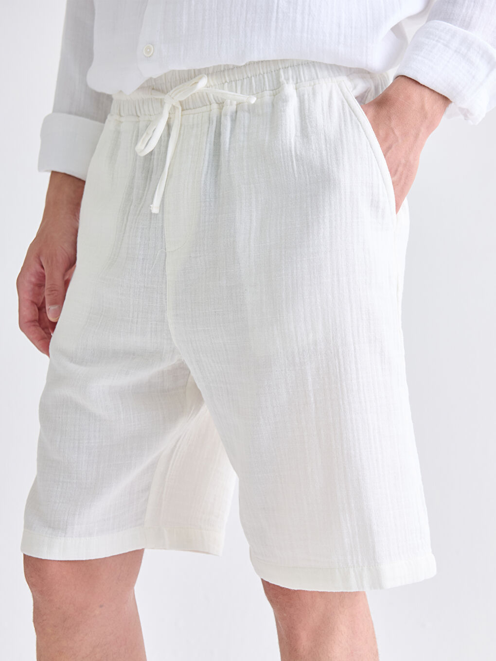 Ekru Rahat Kalıp Erkek Müslin Şort-2