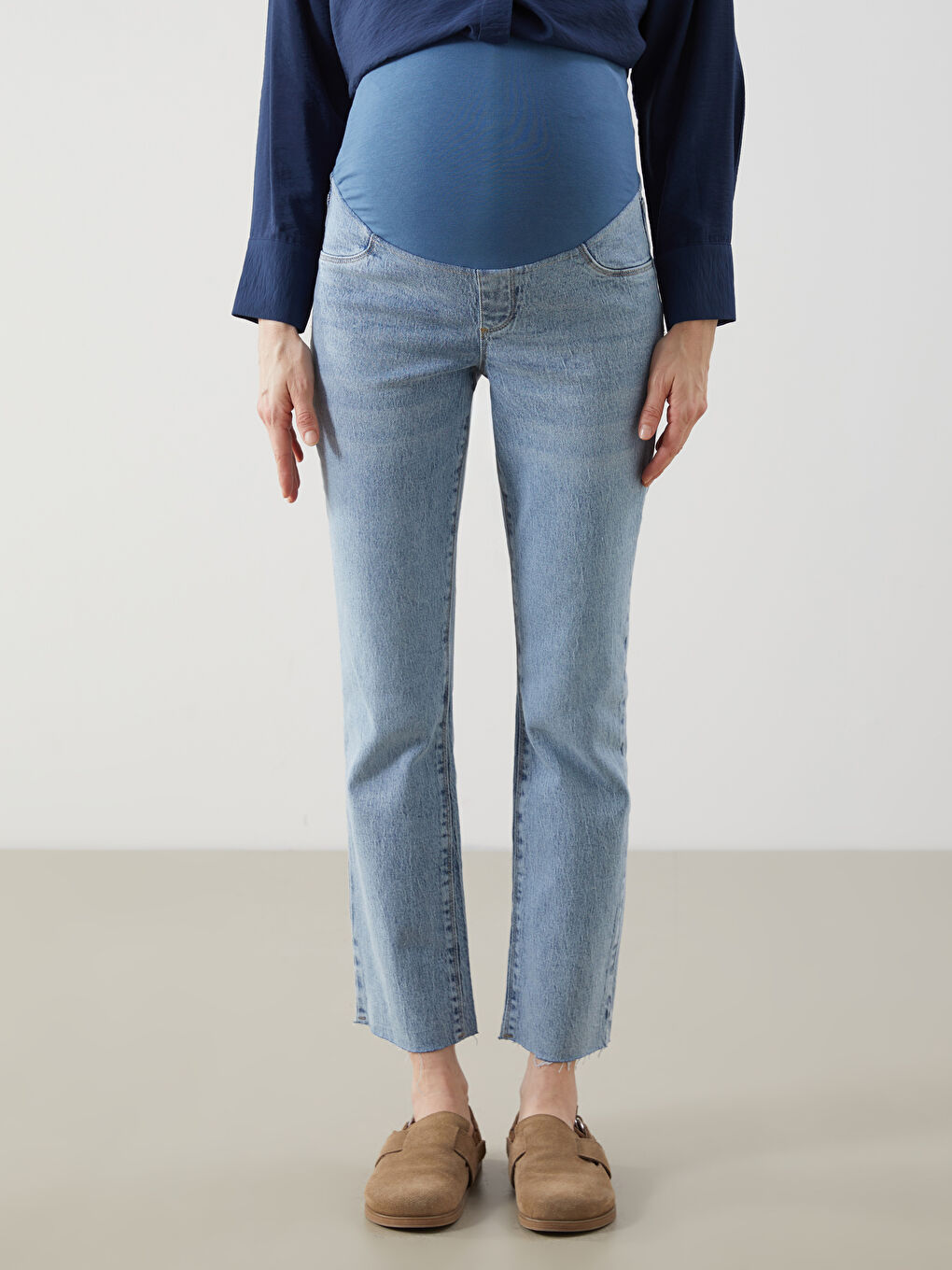 İndigo Karın Panelli Straight Fit Hamile Jean Pantolon-1