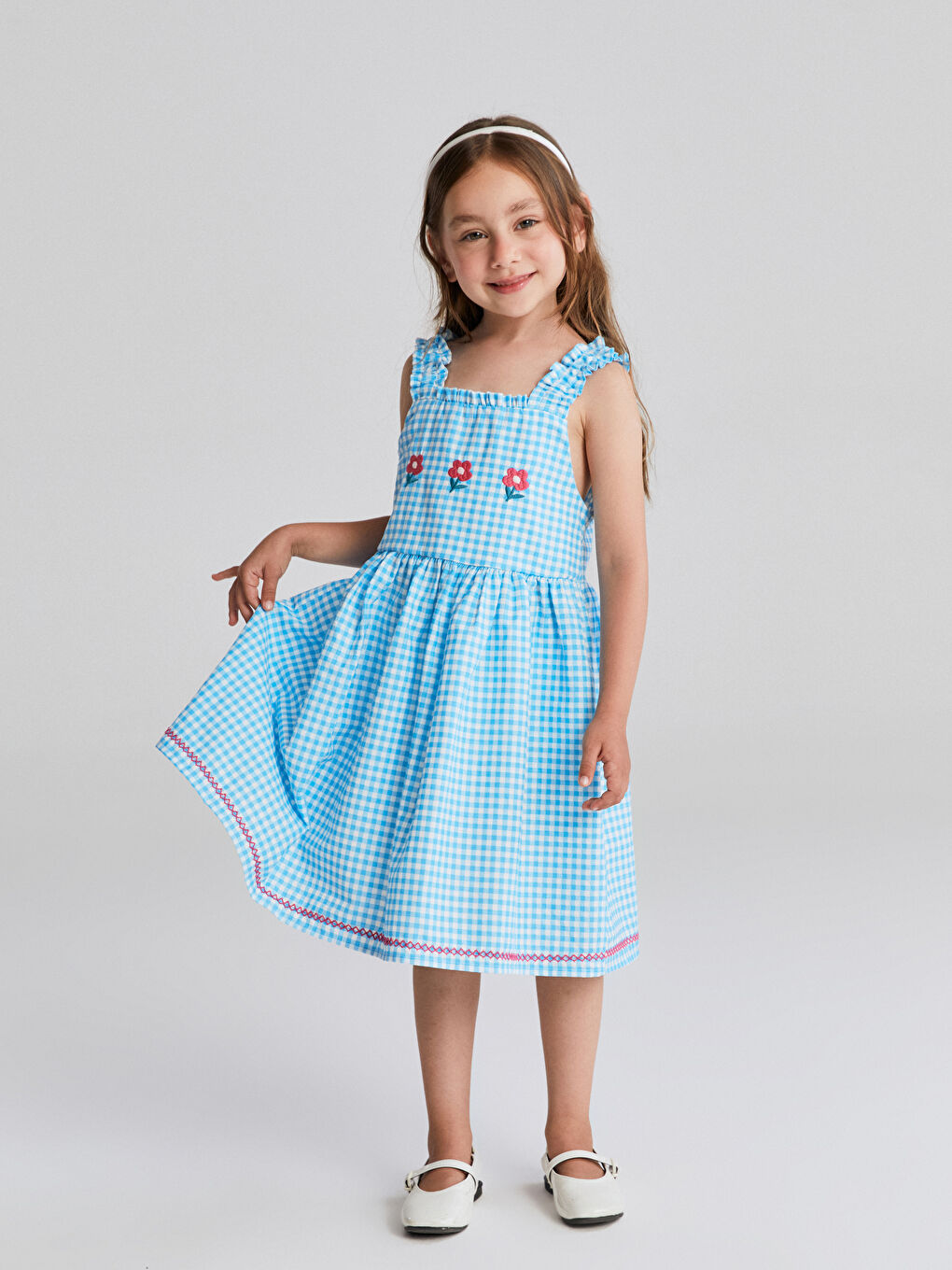 LCW Kids Kare Yaka Çiçekli Kız Çocuk Keten Elbise -S5ER45Z1-LLC