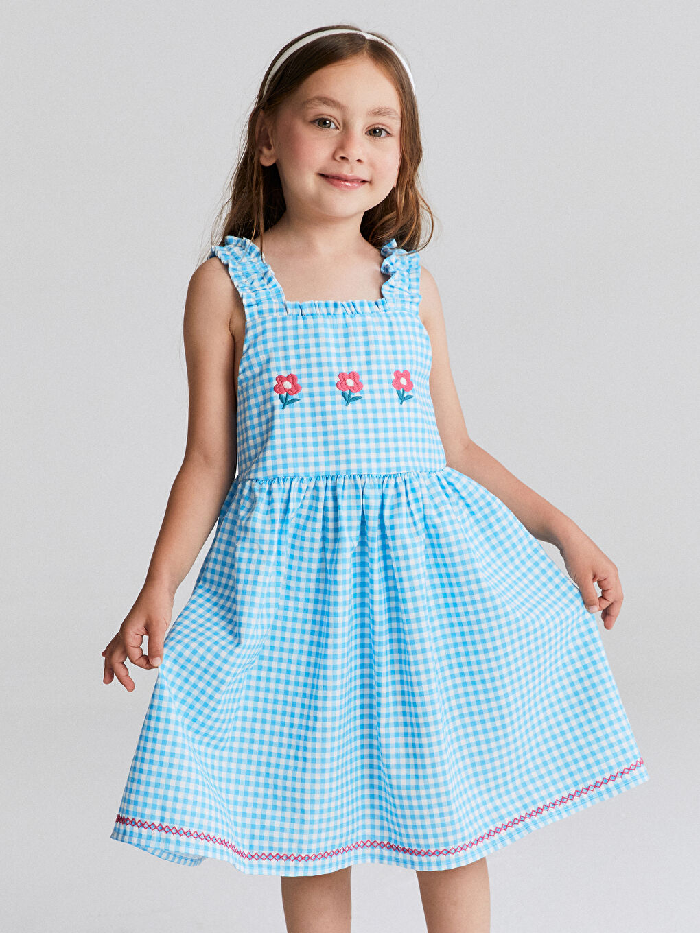 LCW Kids Kare Yaka Çiçekli Kız Çocuk Keten Elbise -S5ER45Z1-LLC