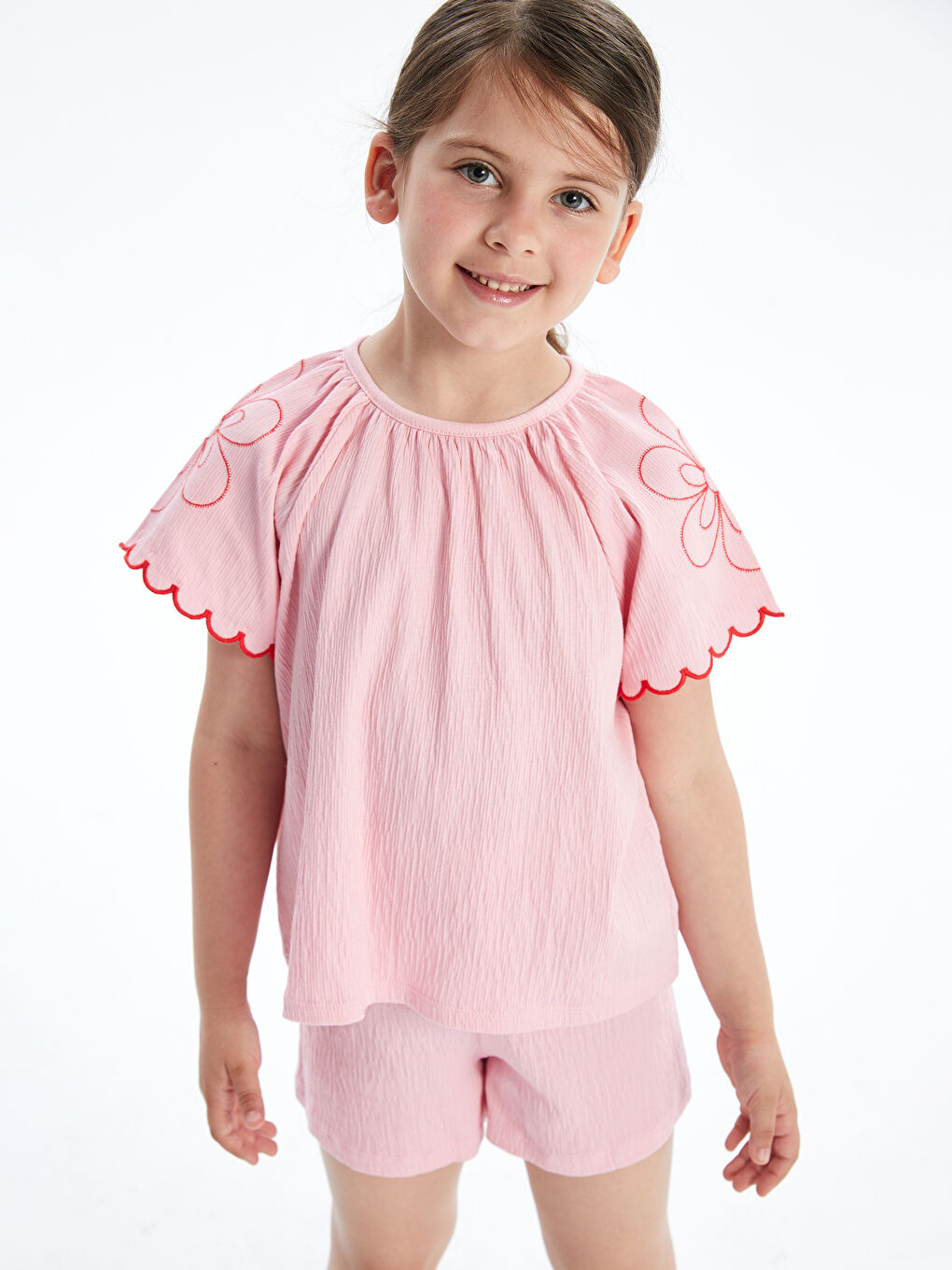 Pembe Bisiklet Yaka Çiçekli Kız Çocuk Bluz