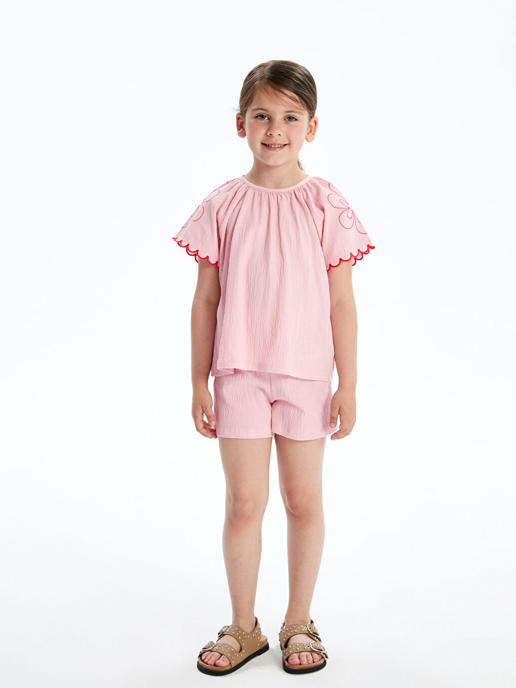 Pembe Beli Lastikli Dokulu Kız Çocuk Şort
