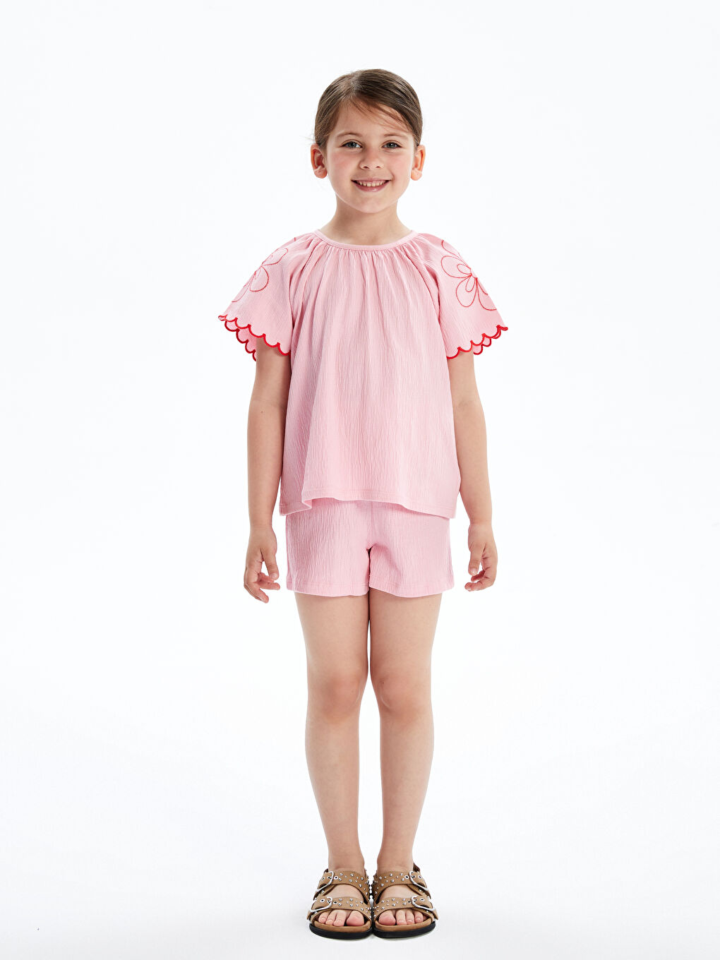 LCW Kids Pembe Çiçekli Kız Çocuk Bluz ve Şort 2'li - 1
