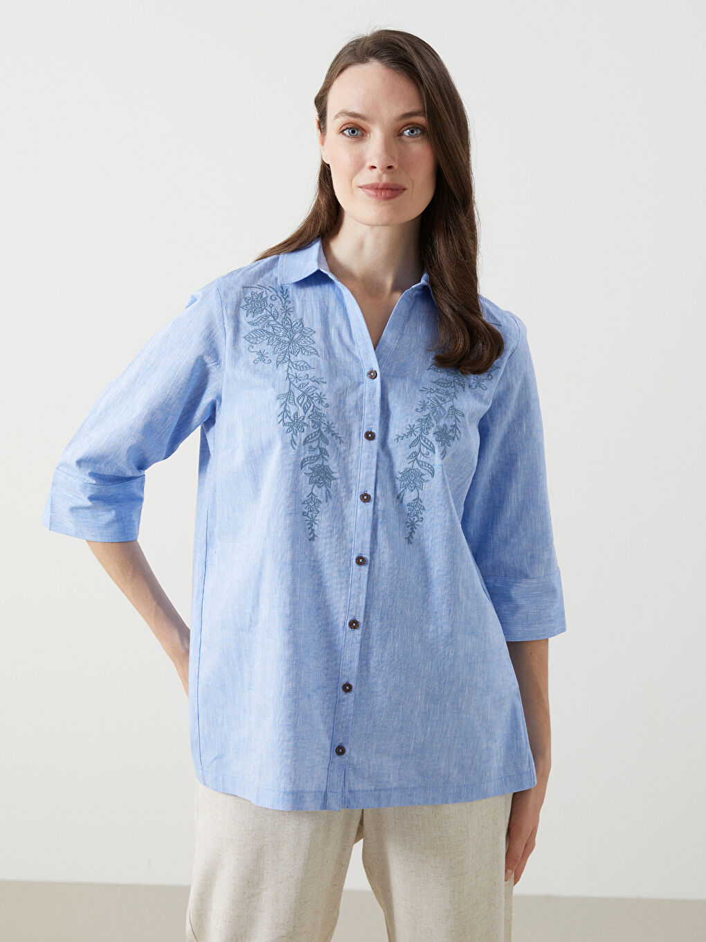 Floral Linen Blend Women's Shirt -S5ES28Z8-DJE