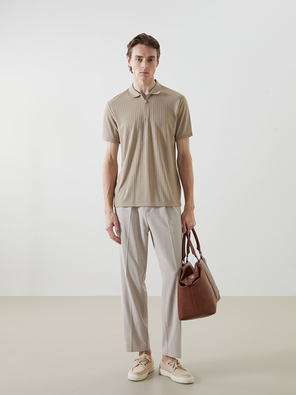 Bej Polo Yaka Kısa Kollu Erkek Tişört-1