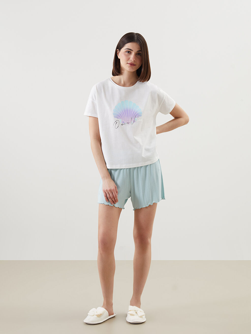 Ekru Bisiklet Yaka Baskılı Kadın Pijama Üstü-1