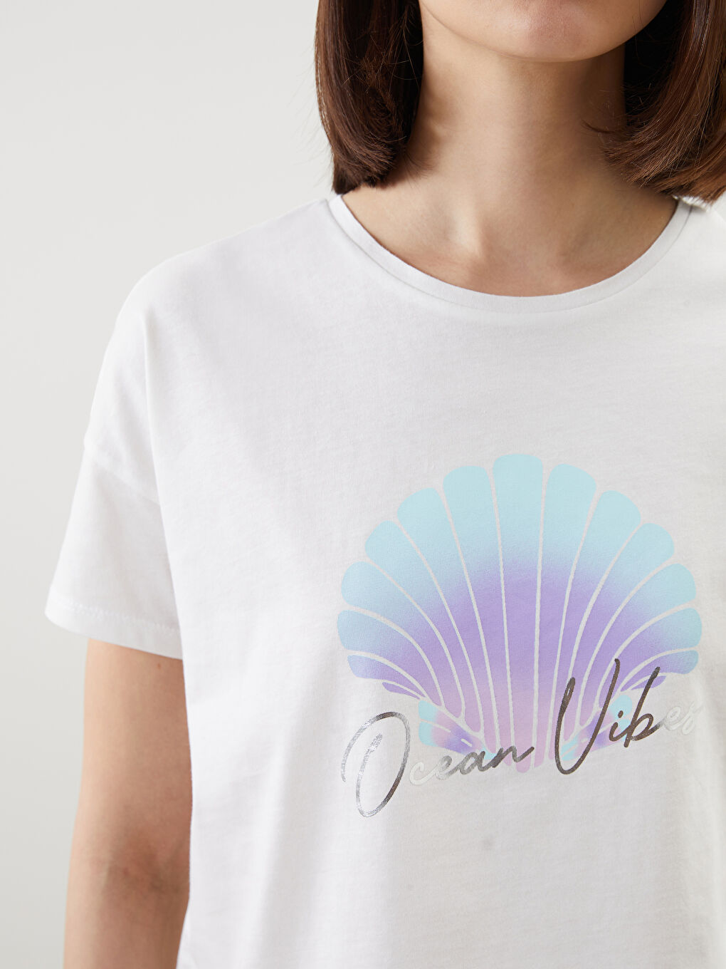 Ekru Bisiklet Yaka Baskılı Kadın Pijama Üstü-2