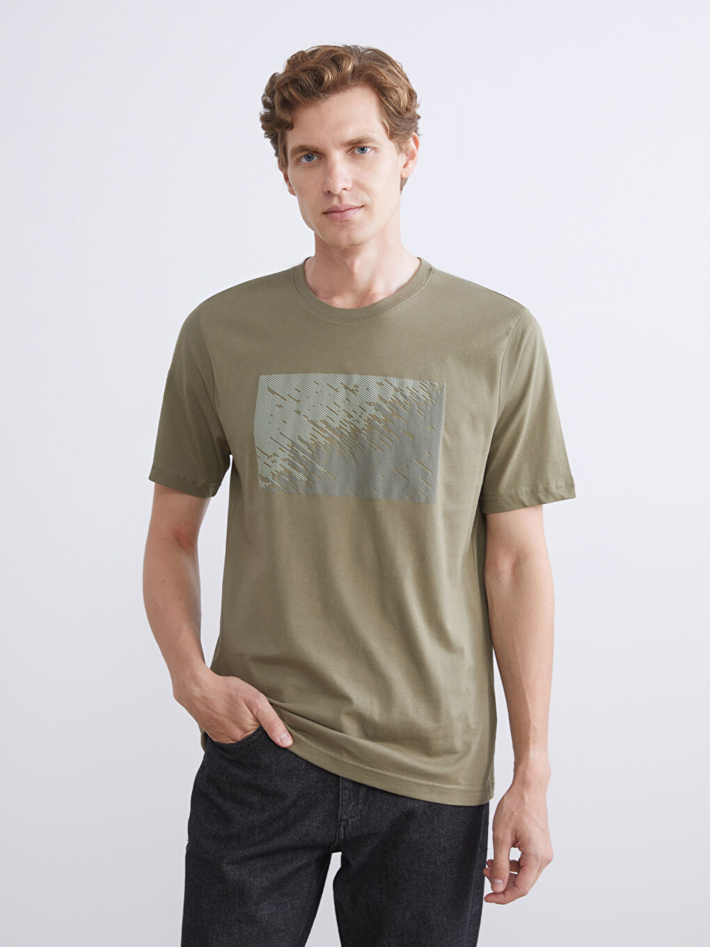 Haki Bisiklet Yaka Kısa Kollu Baskılı Penye Erkek Tişört