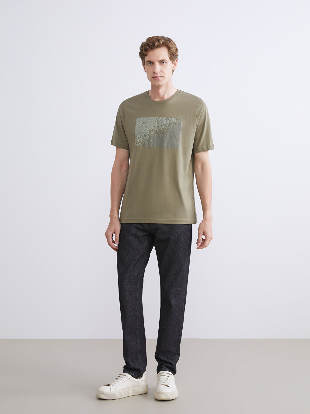 Haki Bisiklet Yaka Kısa Kollu Baskılı Penye Erkek Tişört-1