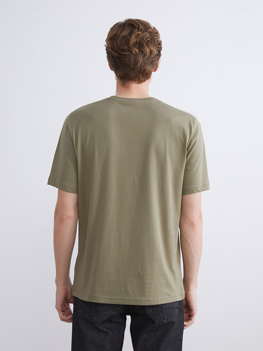 Haki Bisiklet Yaka Kısa Kollu Baskılı Penye Erkek Tişört-3