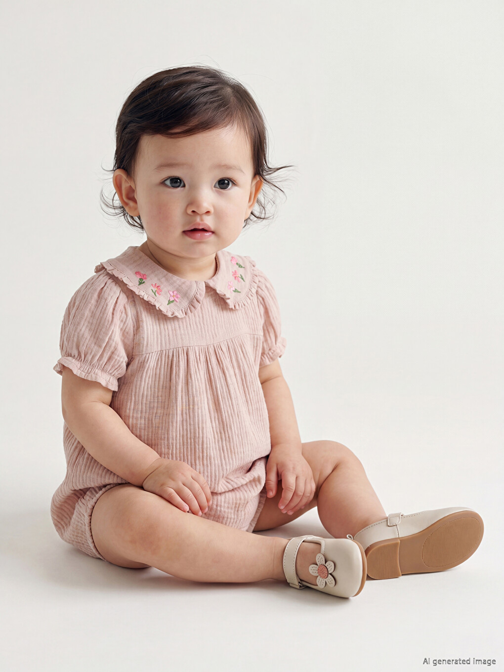 Bej Bebe Yaka Kız Bebek Müslin Tulum