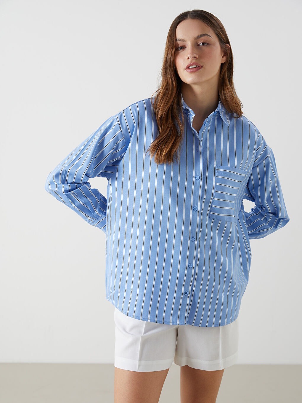 Striped Oversize Linen Blend Women's Shirt -S5EU06Z8-LEN