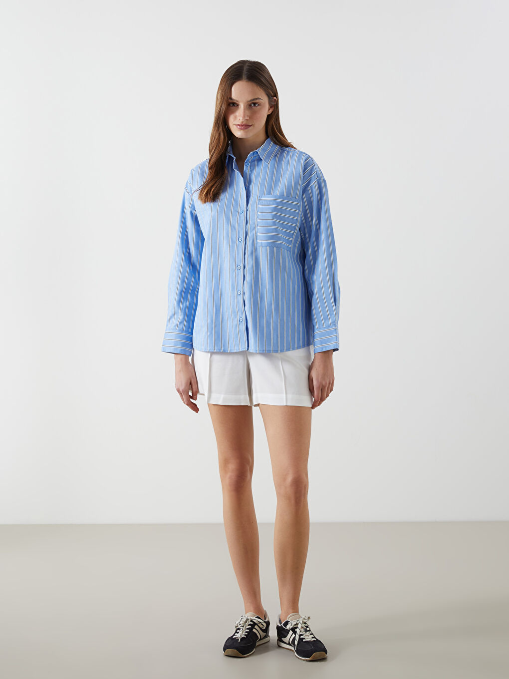 Striped Oversize Linen Blend Women's Shirt -S5EU06Z8-LEN