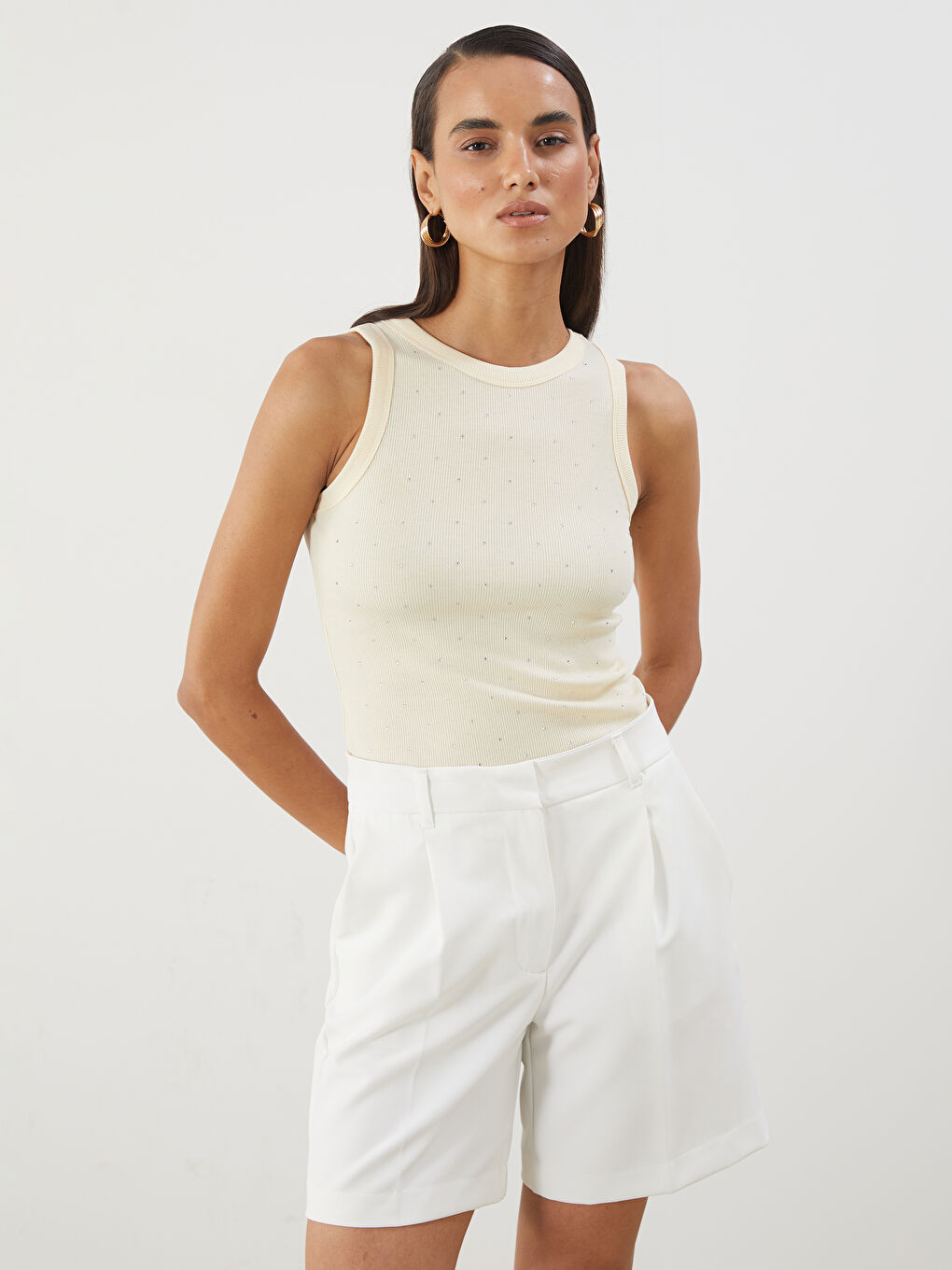 Sarı Bisiklet Yaka Taşlı Kadın Atlet