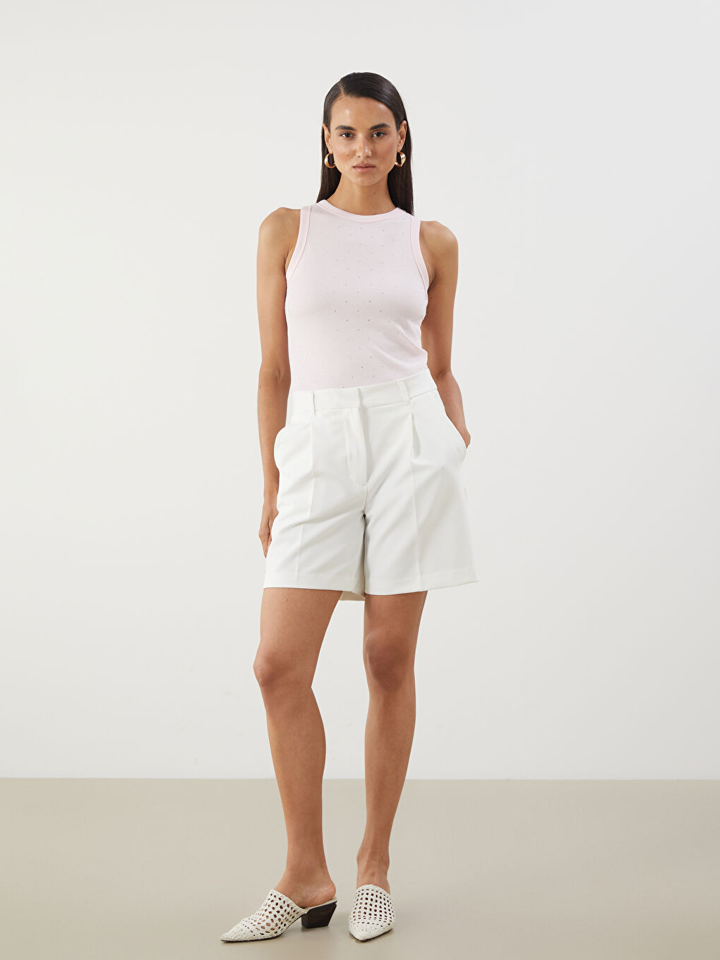 Pembe Bisiklet Yaka Taşlı Kadın Atlet-1