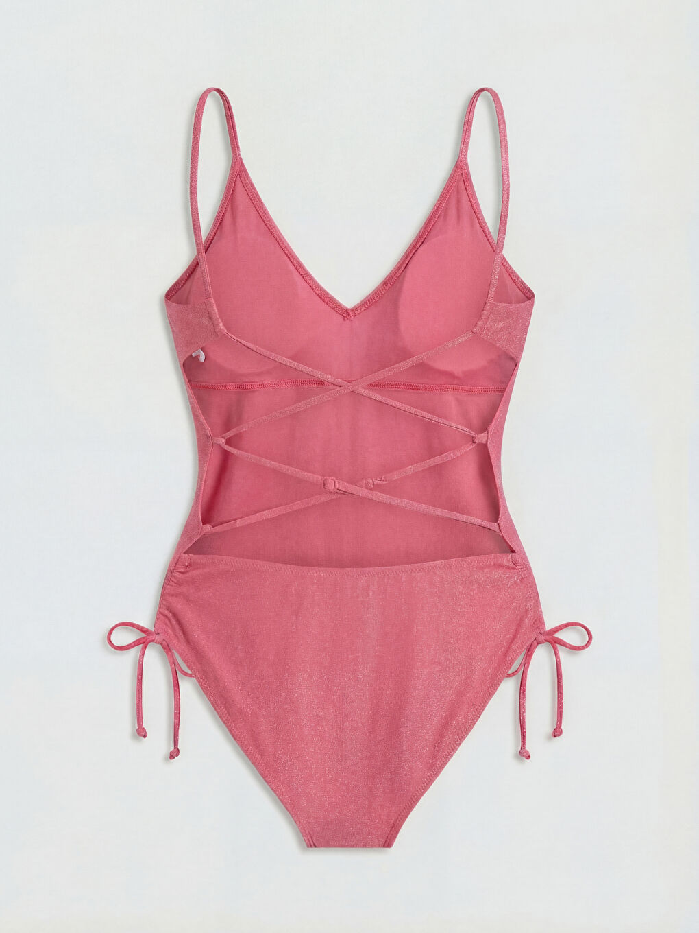 Pembe V Yaka Parlak Görünümlü Askılı Kadın Mayo-1