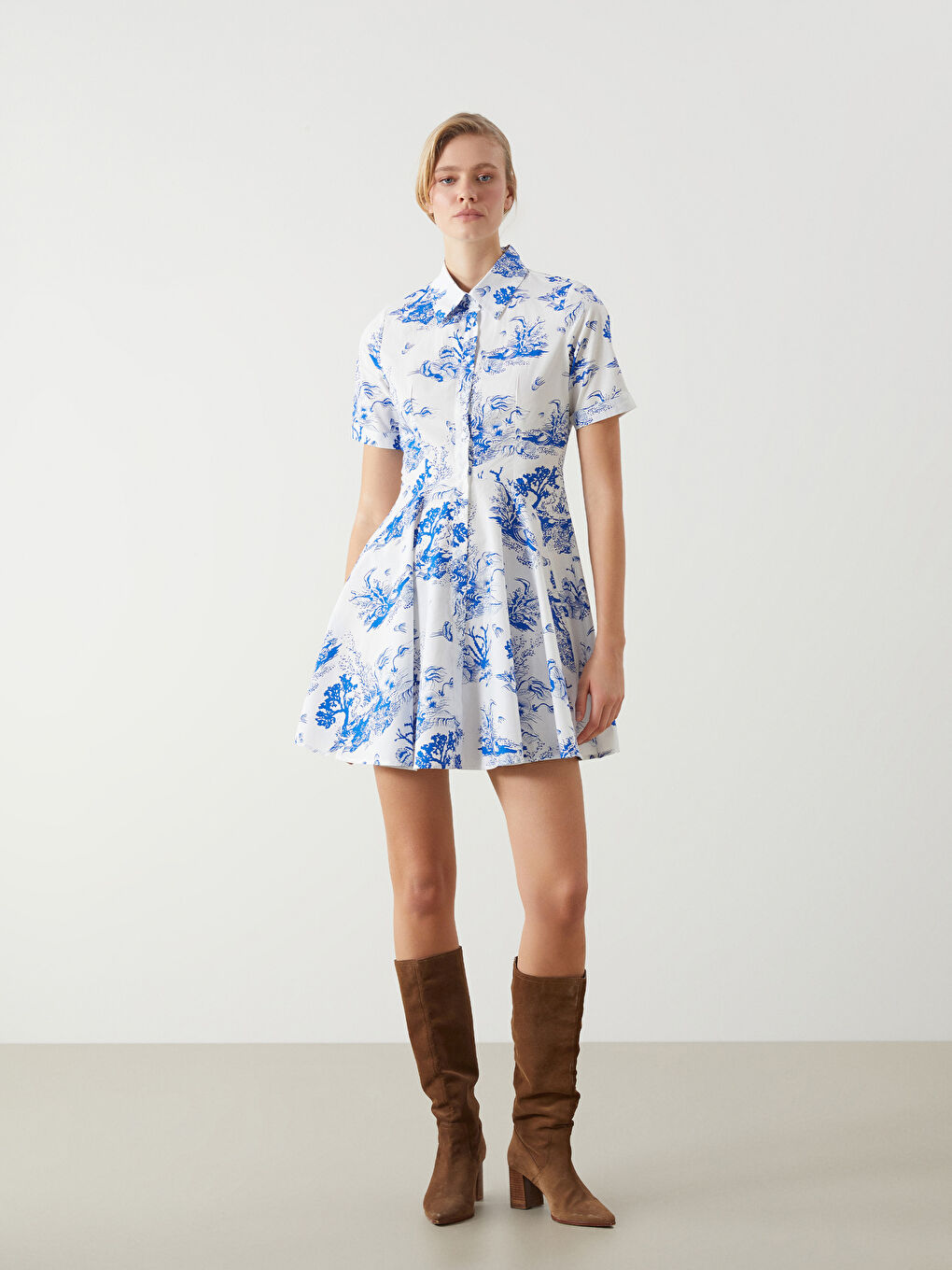 Patterned Pleated Mini Shirt Dress -S5EV81Z8-LQQ