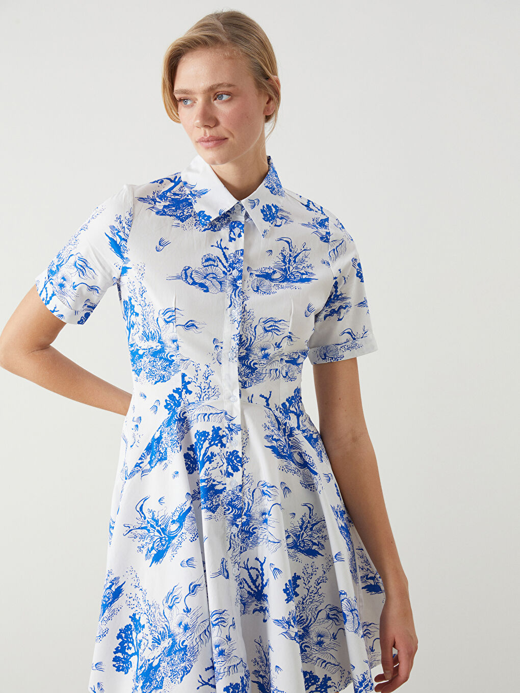 Patterned Pleated Mini Shirt Dress -S5EV81Z8-LQQ