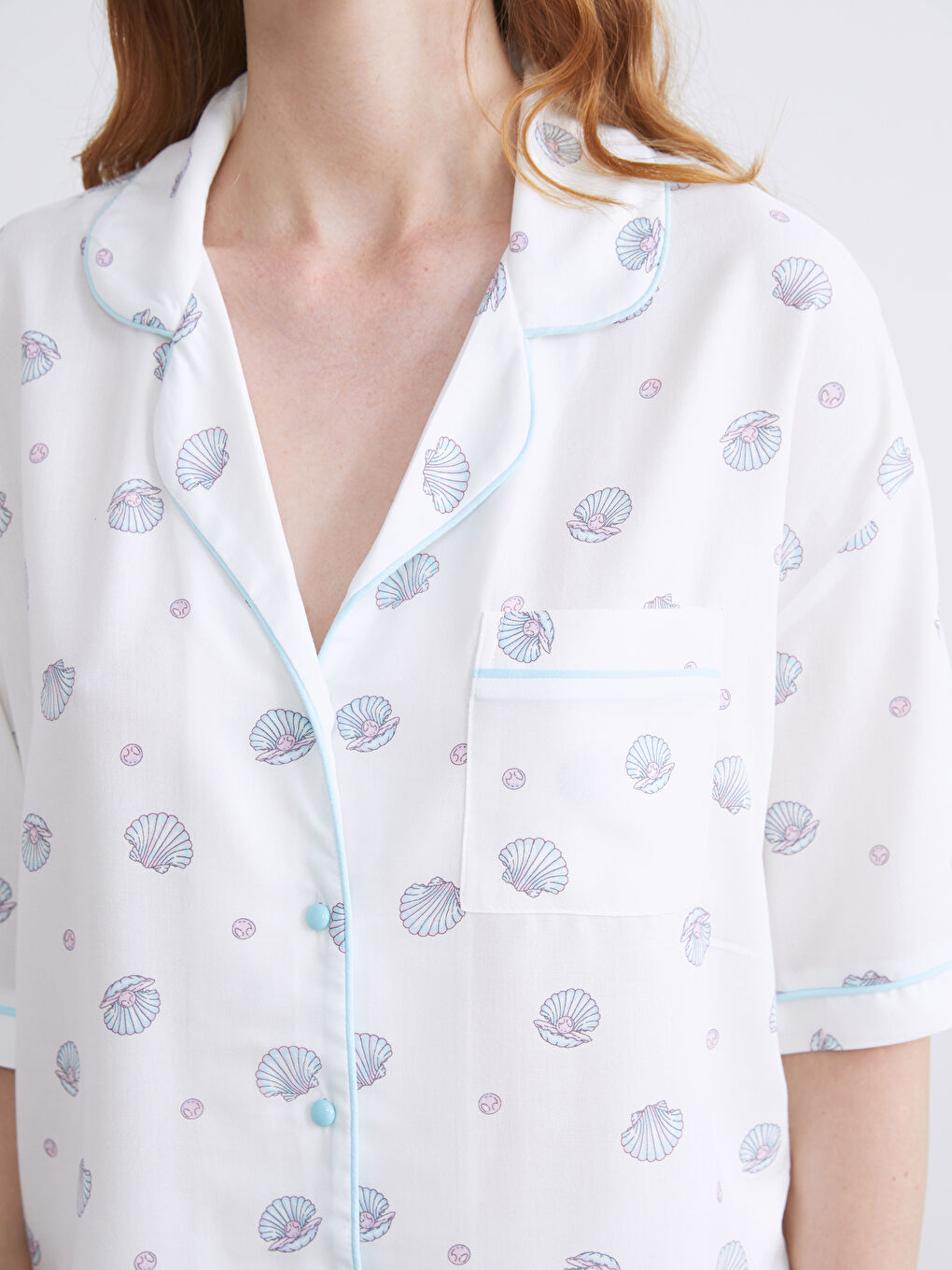 Ekru Gömlek Yaka Baskılı Kadın Pijama Üstü-2