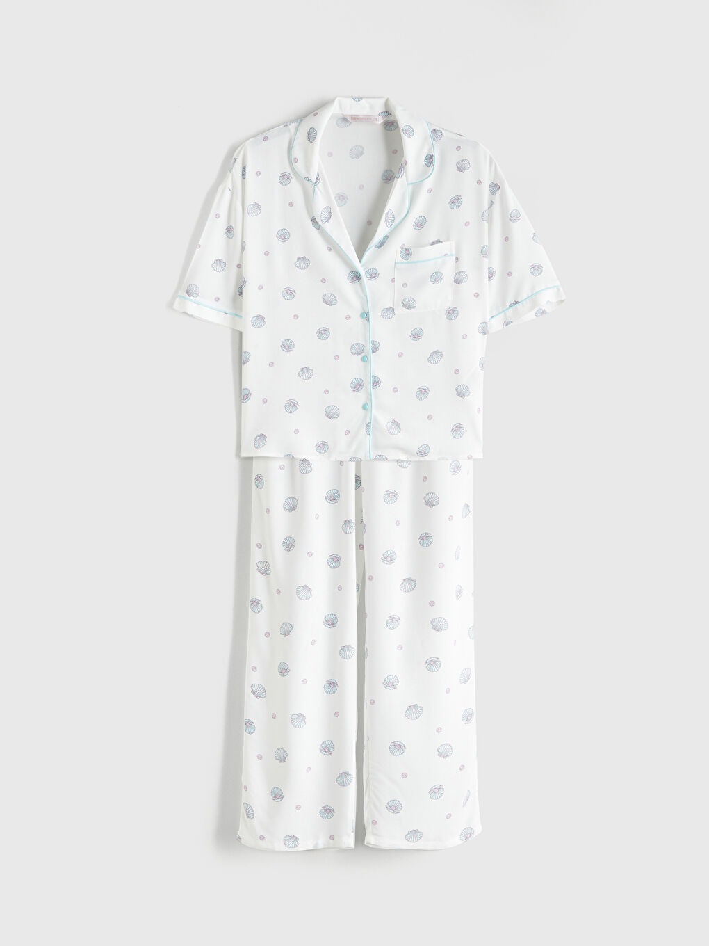 Ekru Gömlek Yaka Baskılı Kadın Pijama Üstü-4