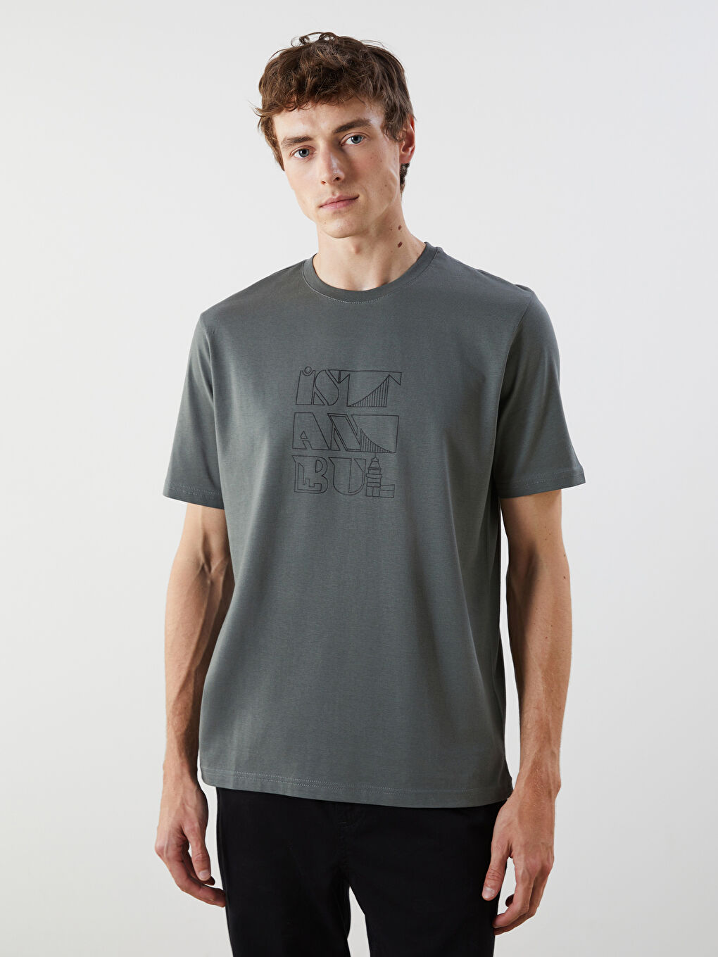 Haki Bisiklet Yaka İstanbul Baskılı Penye Erkek Tişört