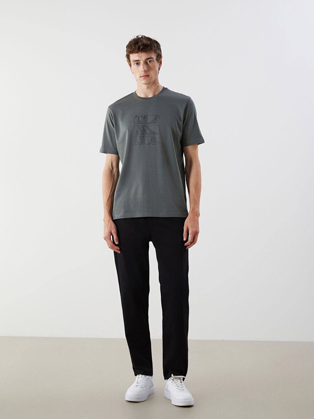 Haki Bisiklet Yaka İstanbul Baskılı Penye Erkek Tişört-1