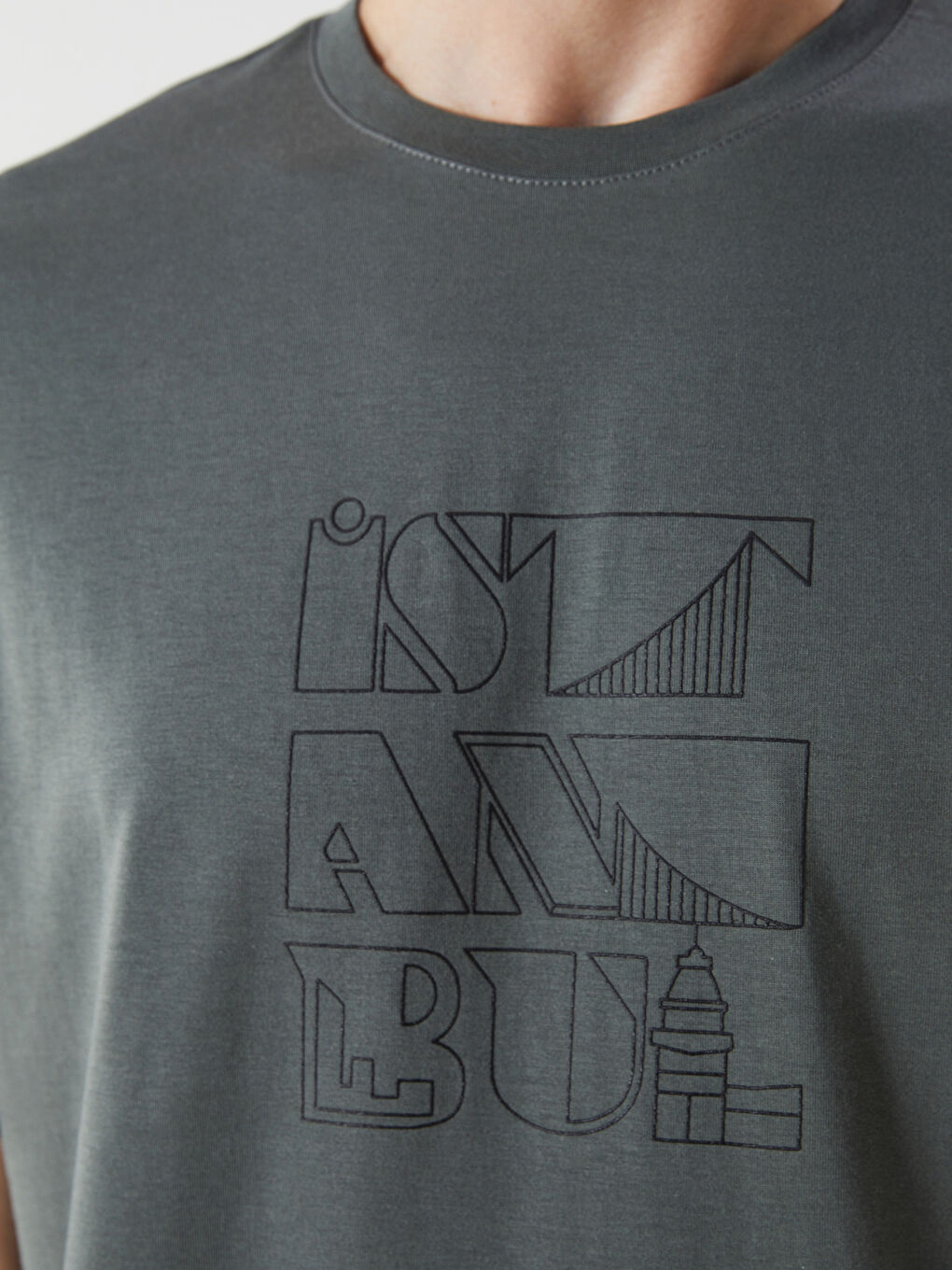 Haki Bisiklet Yaka İstanbul Baskılı Penye Erkek Tişört-2