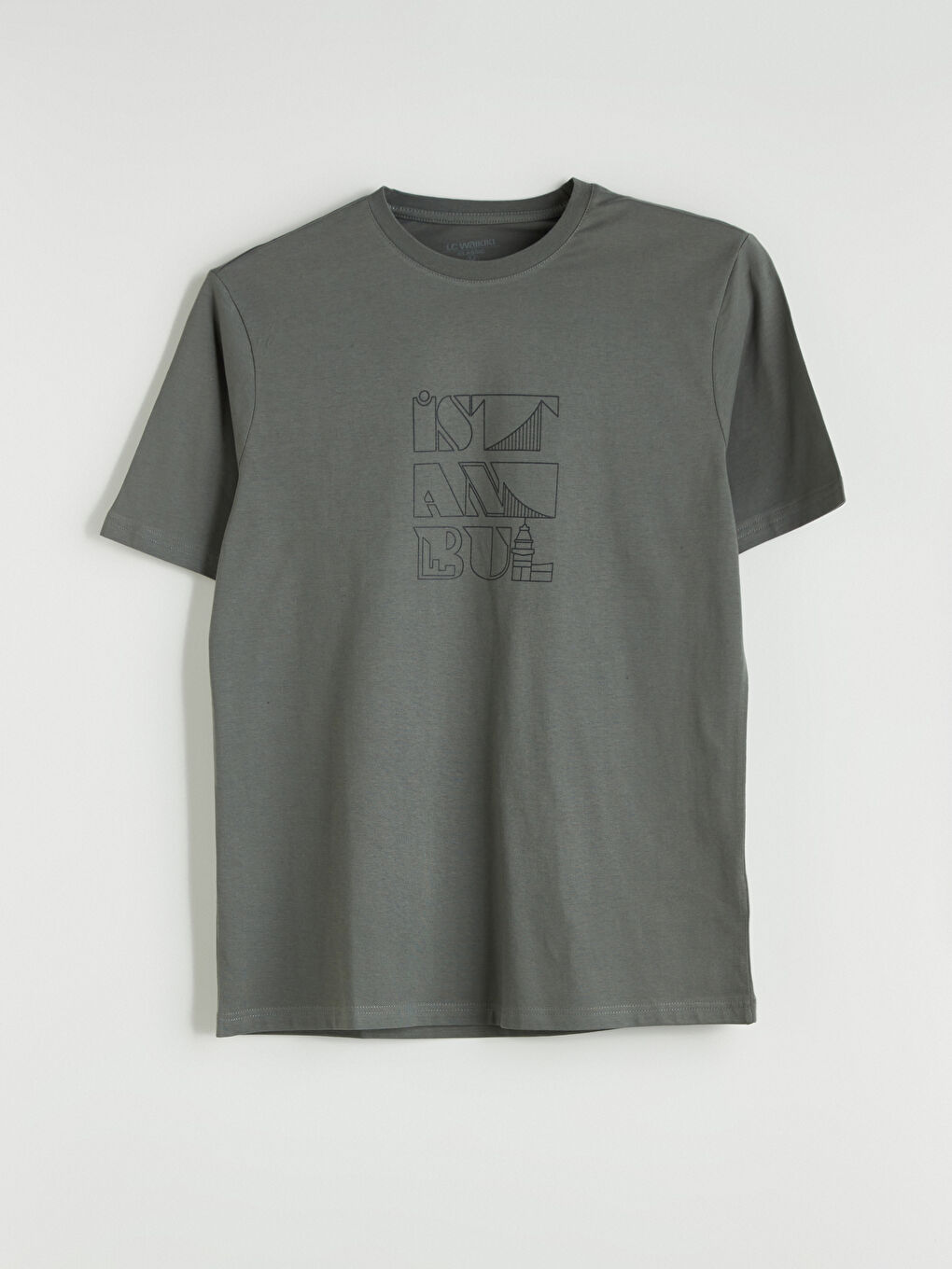 Haki Bisiklet Yaka İstanbul Baskılı Penye Erkek Tişört-4
