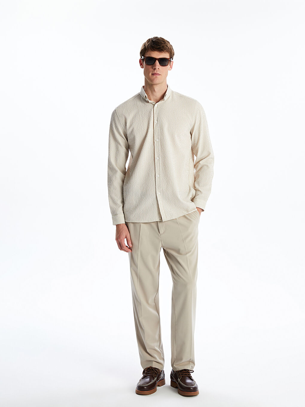 Bej Slim Fit Uzun Kollu Erkek Gömlek-1