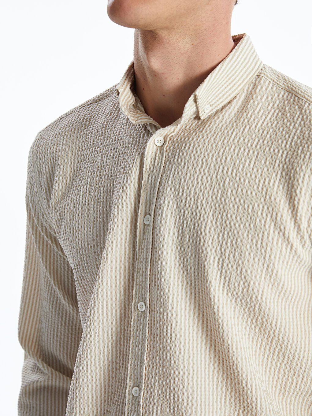 Bej Slim Fit Uzun Kollu Erkek Gömlek-2