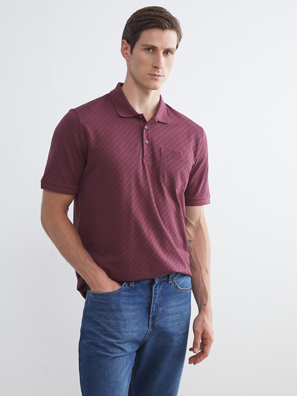 Bordo Polo Yaka Merserize Görünümlü Erkek Tişört