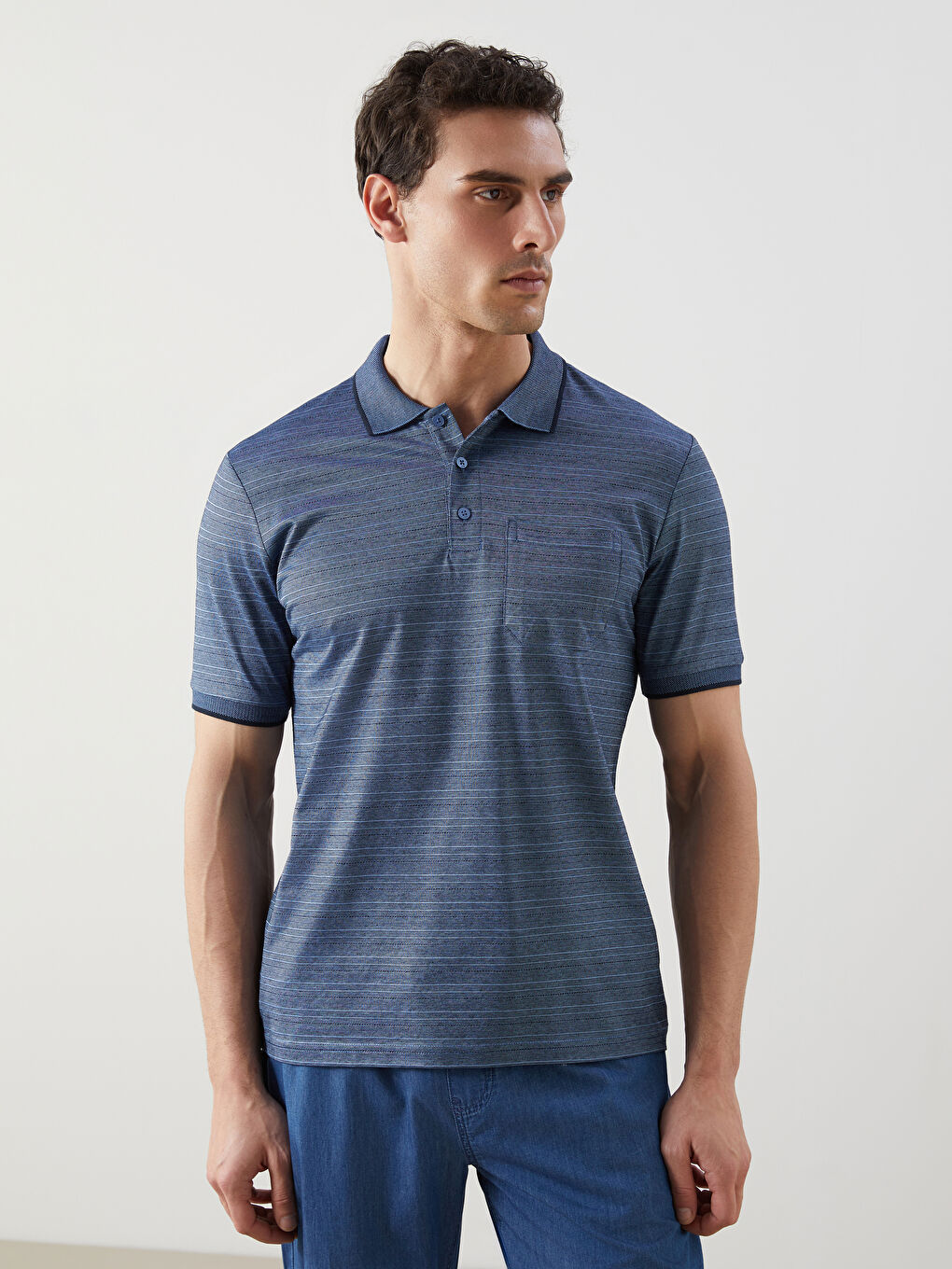 Polo Neck Striped Mercerized-Look Men's T-Shirt