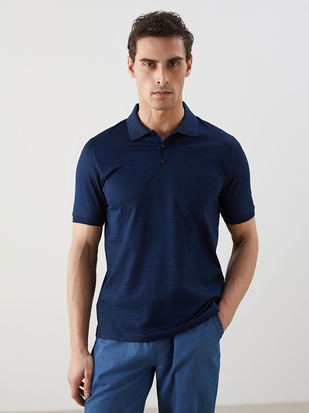 Lacivert Polo Yaka Çizgili Merserize Görünümlü Erkek Tişört