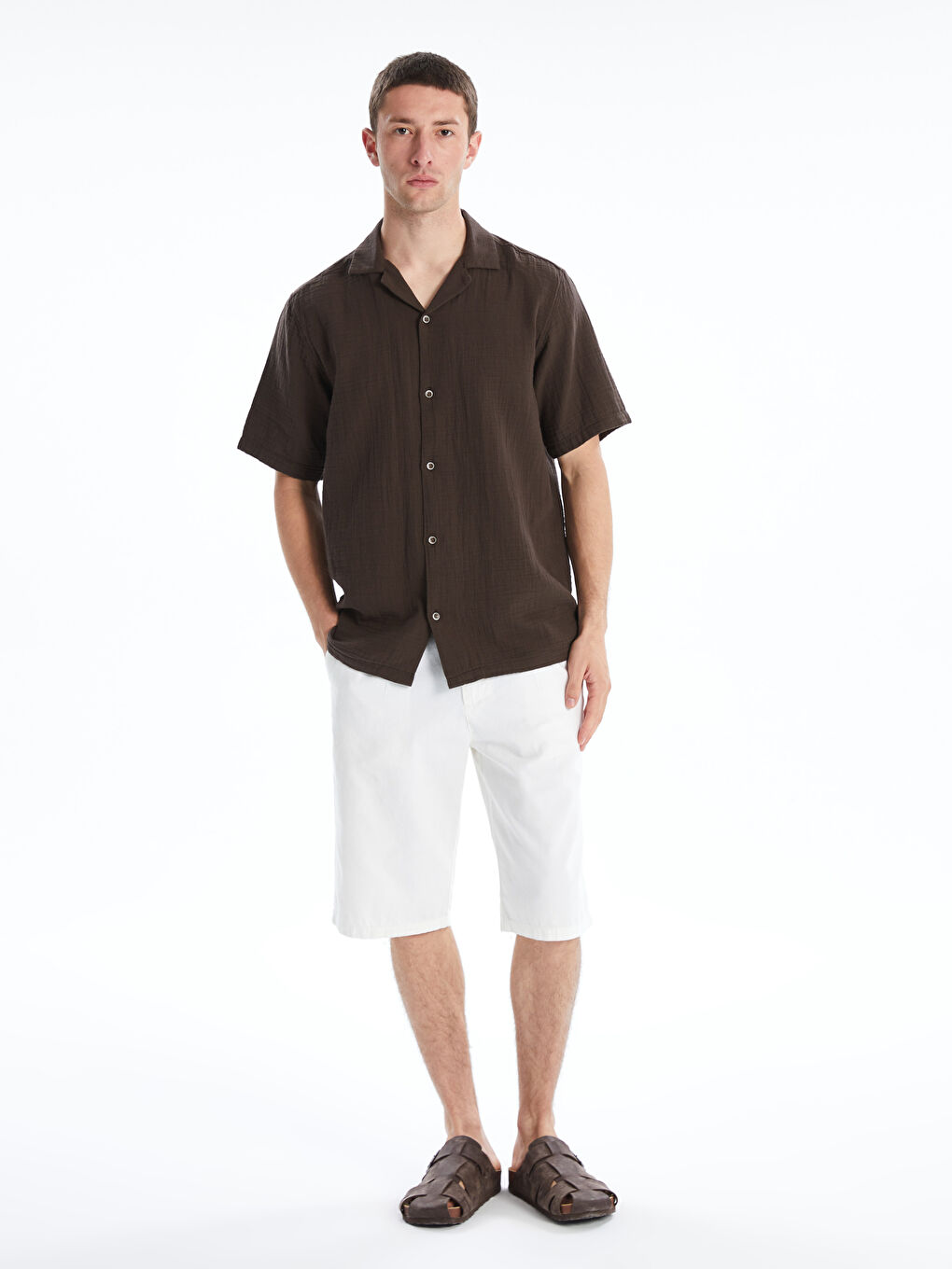 Kahverengi Standart Fit Kısa Kollu Erkek Gömlek-3