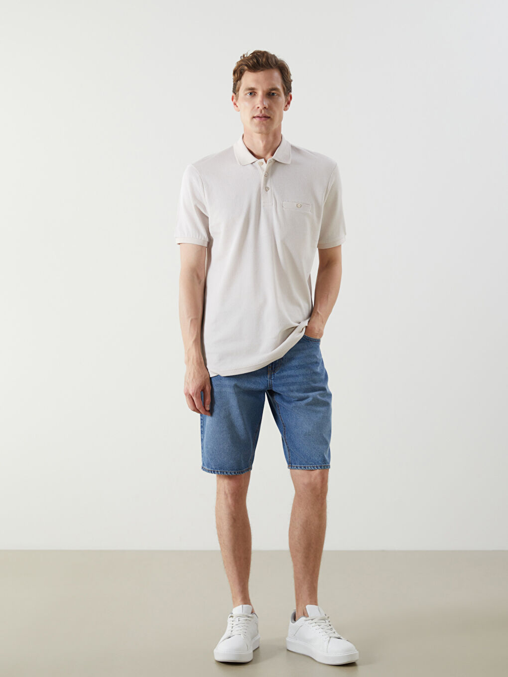 Bej Polo Yaka Merserize Görünümlü Erkek Tişört-1