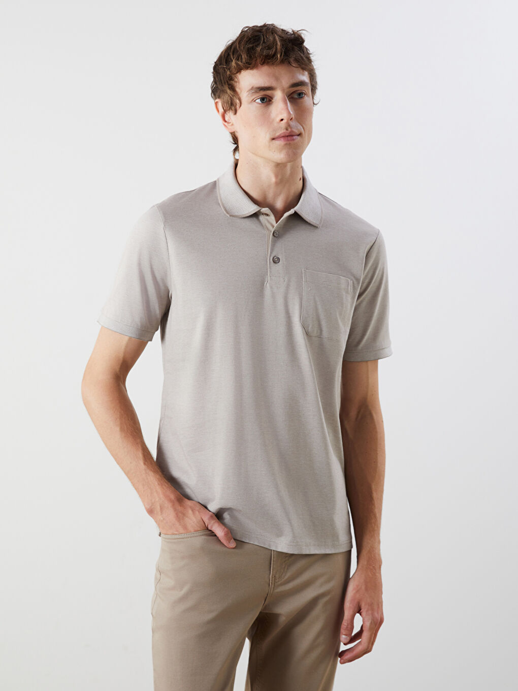 Bej Polo Yaka Çizgili Merserize Görünümlü Erkek Tişört