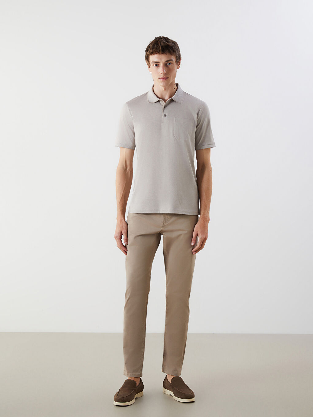 Bej Polo Yaka Çizgili Merserize Görünümlü Erkek Tişört-1