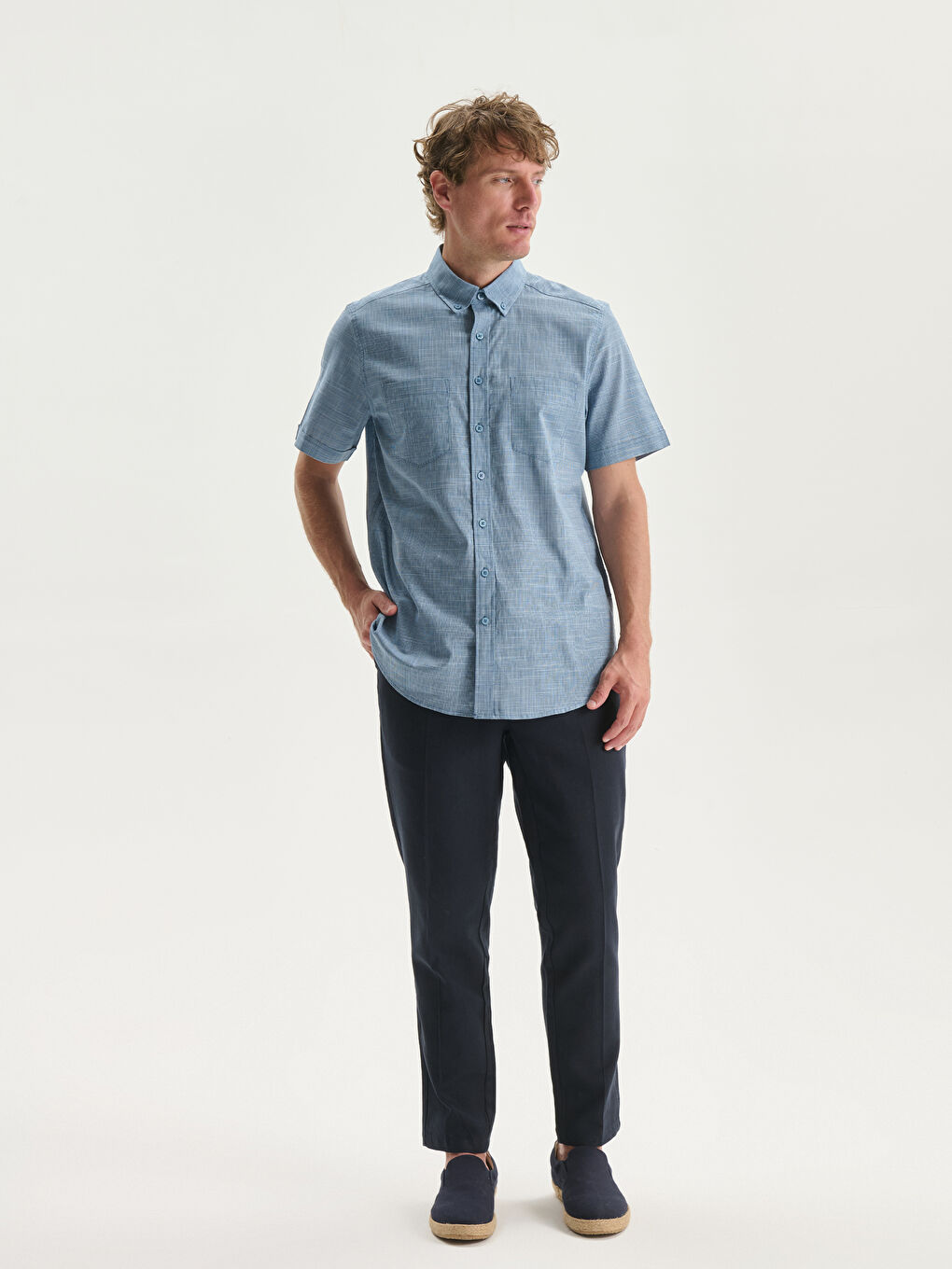 Lacivert Regular Fit Kısa Kollu Poplin Erkek Gömlek-2