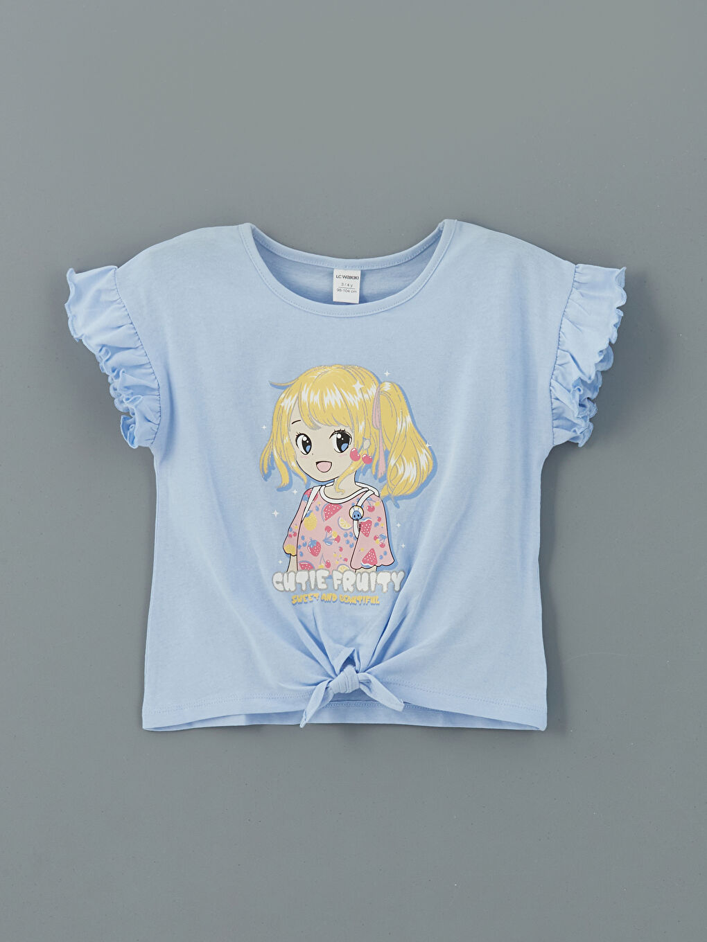 Lila Bisiklet Yaka Baskılı Fırfırlı Kız Çocuk Tişört