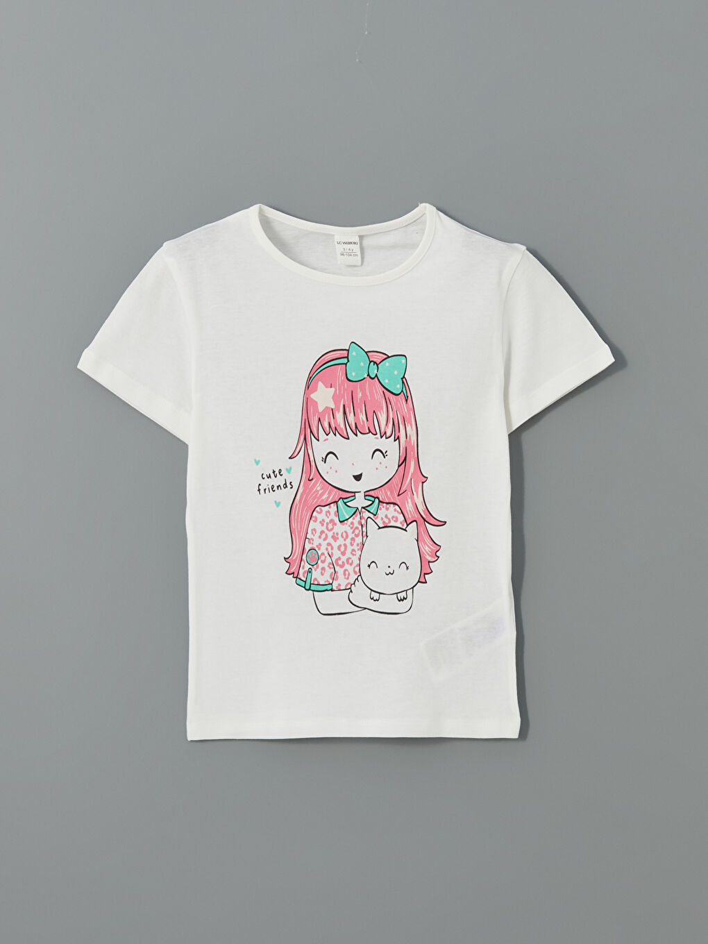 Beyaz Bisiklet Yaka Baskılı Kız Çocuk Tişört