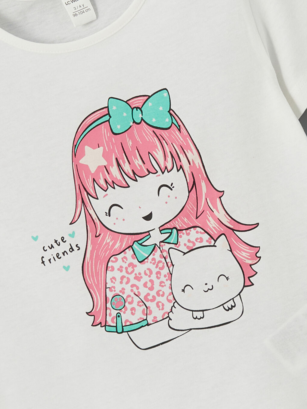 Beyaz Bisiklet Yaka Baskılı Kız Çocuk Tişört-2