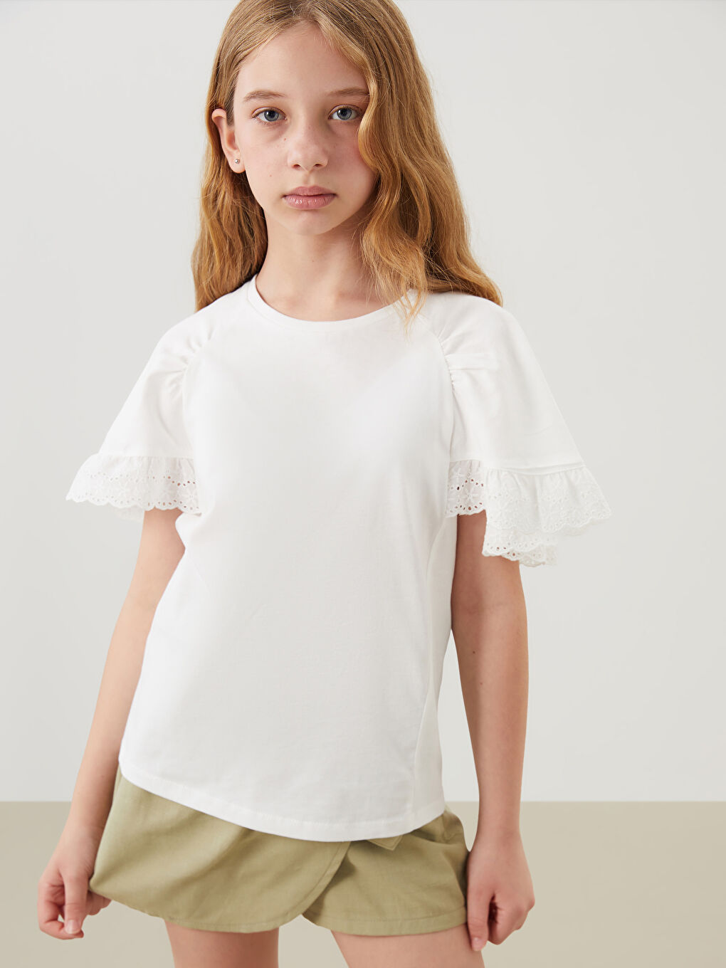 Crew Neck Eyelet Detailed Girls' T-Shirt -S5FD55Z4-R9J