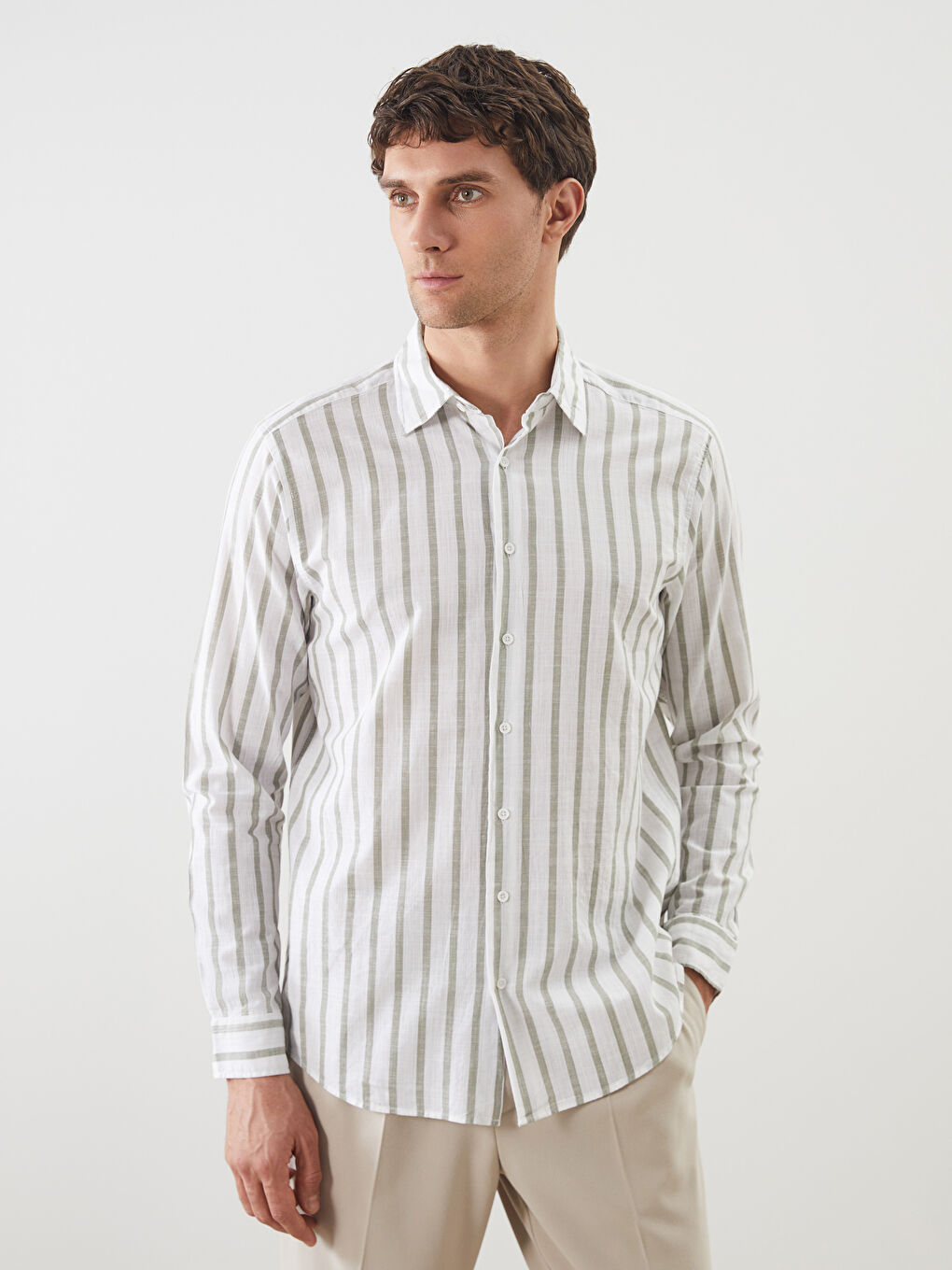 Yeşil Slim Fit Uzun Kollu Çizgili Poplin Erkek Gömlek