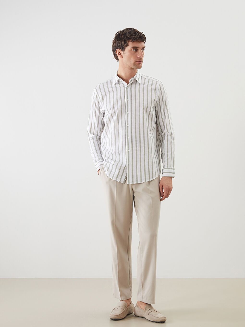 Yeşil Slim Fit Uzun Kollu Çizgili Poplin Erkek Gömlek-1