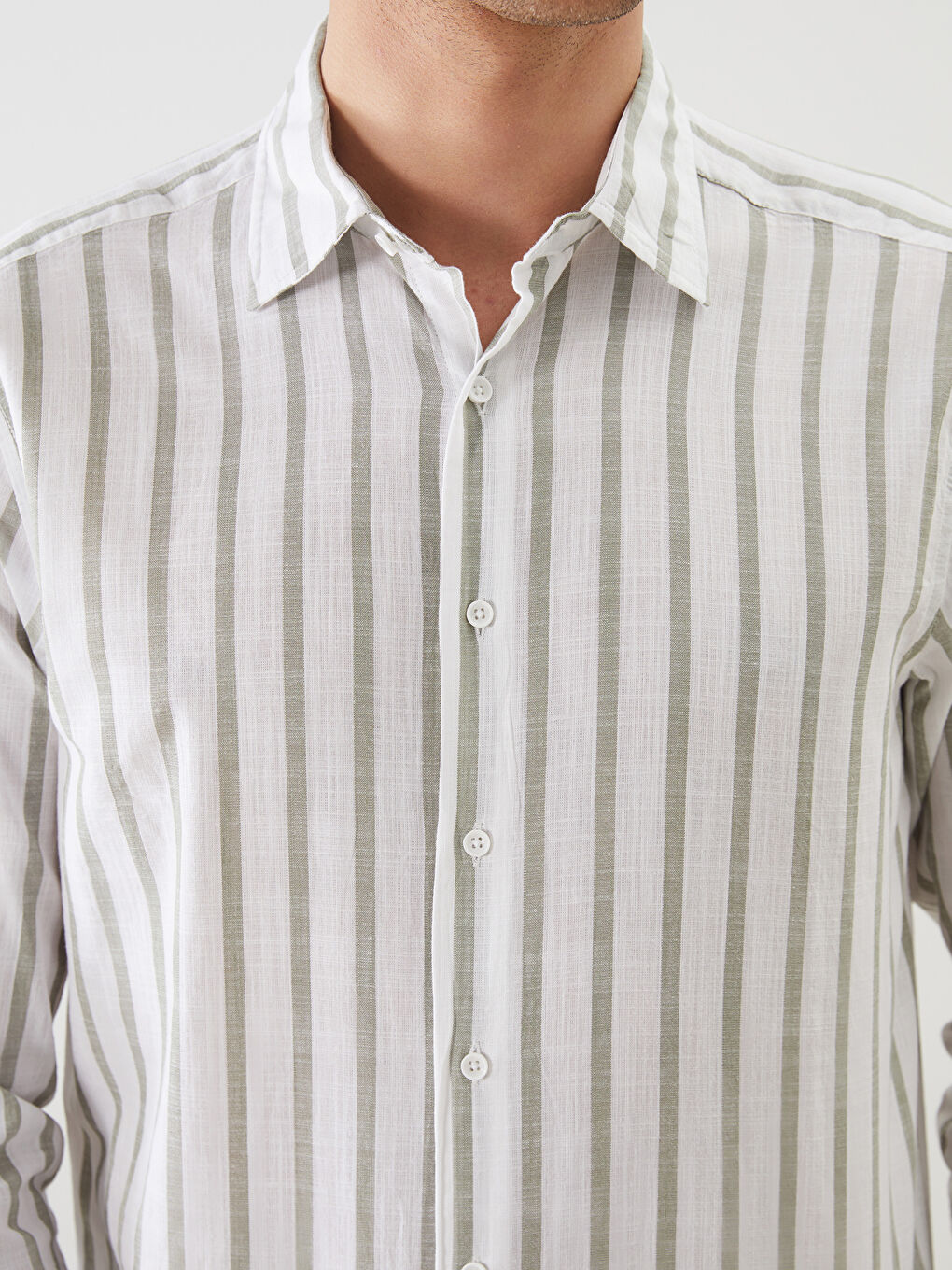 Yeşil Slim Fit Uzun Kollu Çizgili Poplin Erkek Gömlek-2